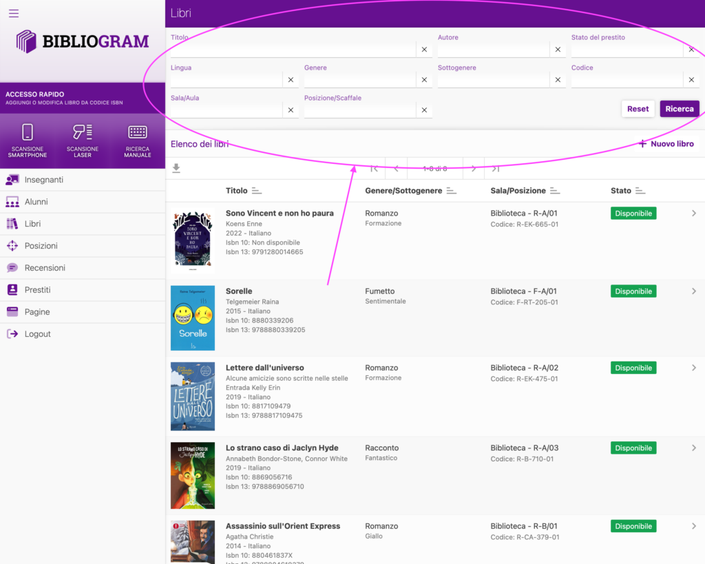 Bibliogram - catalogazione: ricerca elenco libri