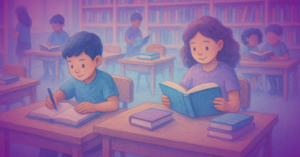 Studenti leggono biblioteca della scuola