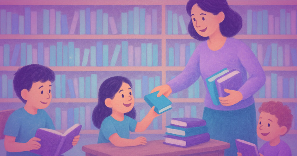 Studenti leggono un libro della biblioteca della scuola