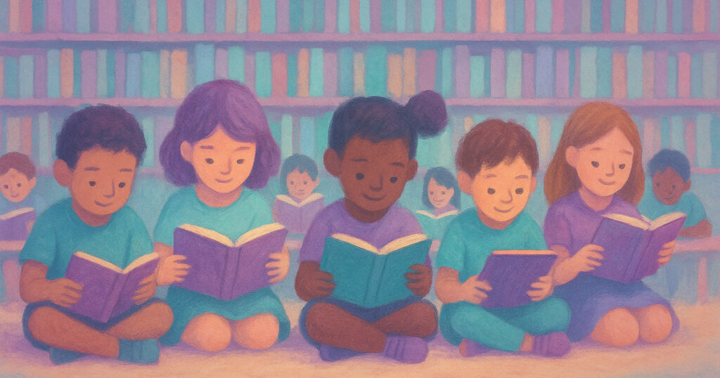 Bimbi leggono libri in compagnia