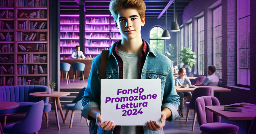 Ragazzo con cartello Fondo Promozione Lettura