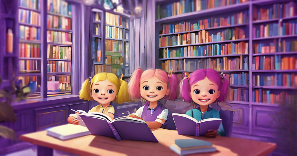 Tre ragazze leggono biblioteca scolastica